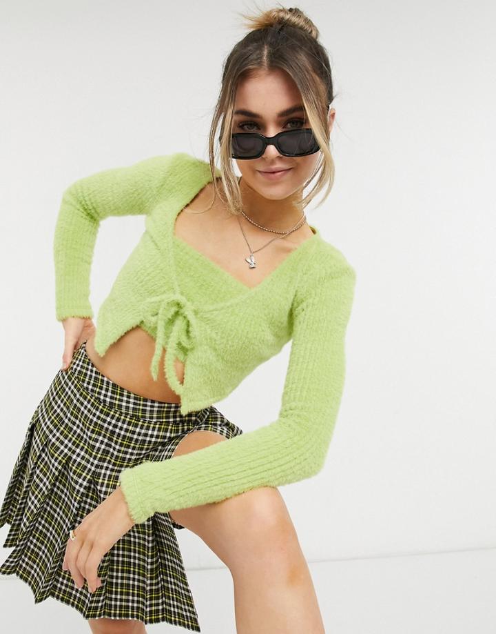 Bershka Fluffy Tie Up Ribbed Cardi Twinset In Green