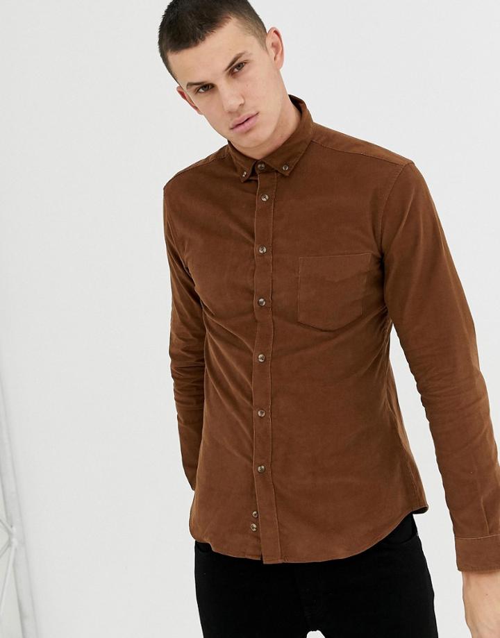 Celio Slim Fit Long Sleeve Shirt With Pocket In Tan - Tan