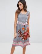 Anmol Midi Dress With Floral Placement Print - Gray