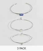 Asos Pack Of 3 Stone And Shape Cuff Bracelets - Silver