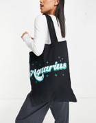 Asos Design Cotton Shopper Aquarius Star Sign Tote In Black