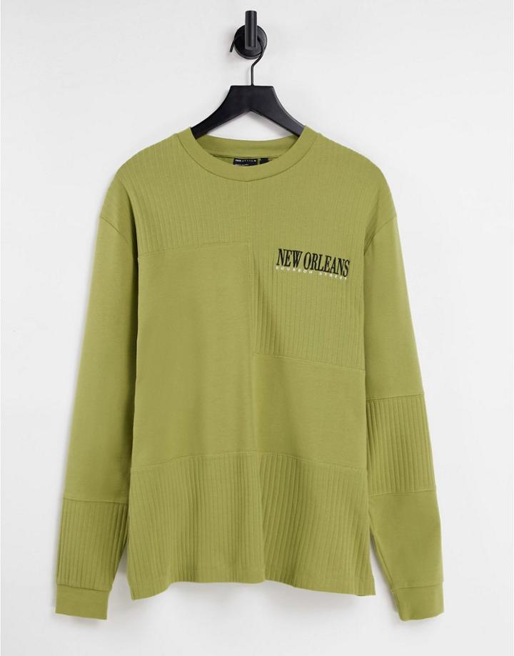 Asos Design Relaxed Long Sleeve T-shirt In Green Mixed Rib