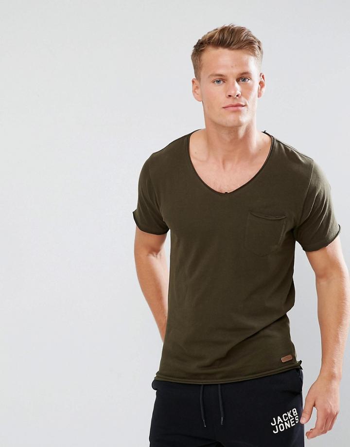 Brave Soul Basic Raw Edge V Neck T-shirt - Green