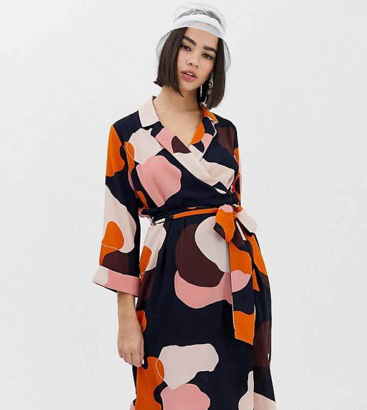 Monki Midi Camo Print Wrap Dress In Gray - Multi