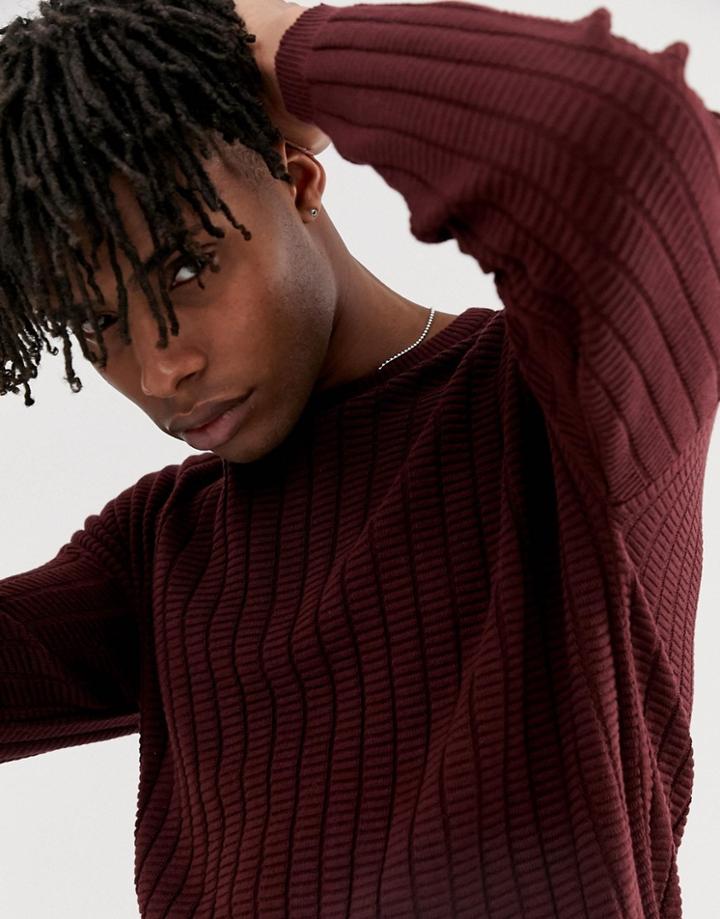 Asos Design Oversized Textured Knit Sweater In Burgundy-purple