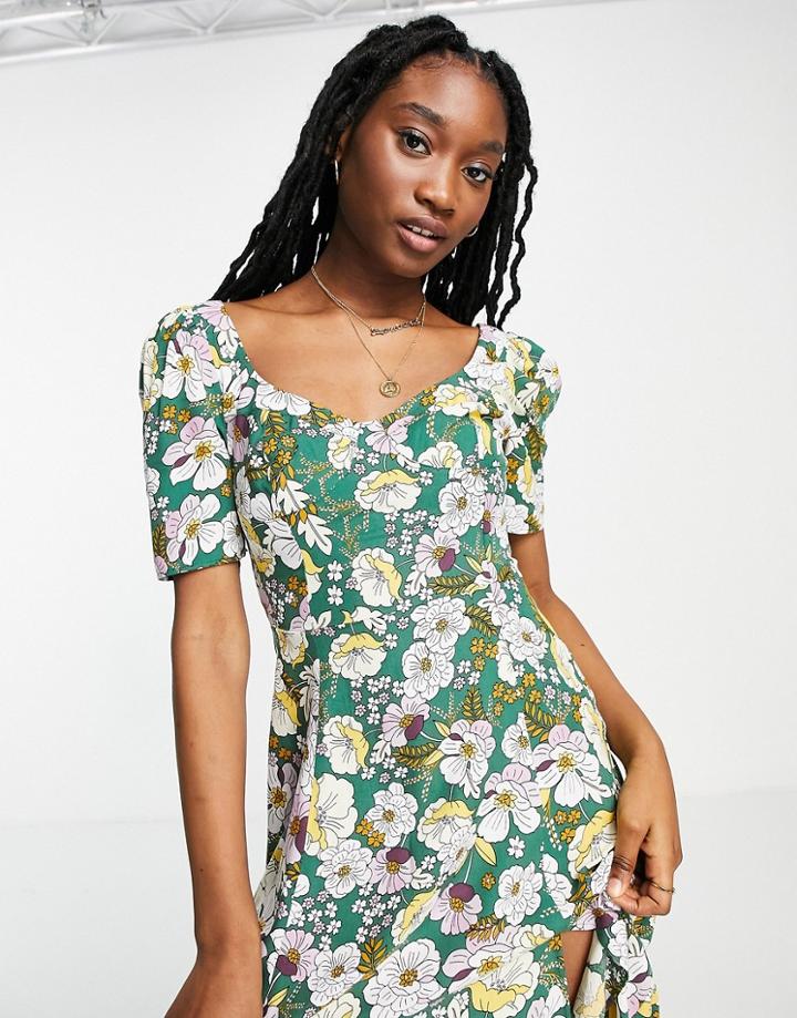 Asos Design Cupped Maxi Dress With Slits In Green Based Floral Print-multi
