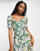 Asos Design Cupped Maxi Dress With Slits In Green Based Floral Print-multi