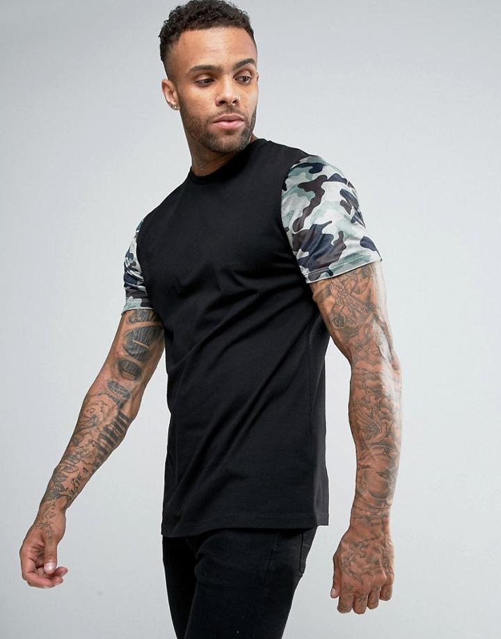 Asos Longline T-shirt With Velour Camo Print Sleeves - Black