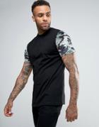 Asos Longline T-shirt With Velour Camo Print Sleeves - Black