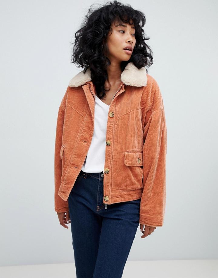 Pull & Bear Cordruoy Fleece Collar Jacket In Rust - Red