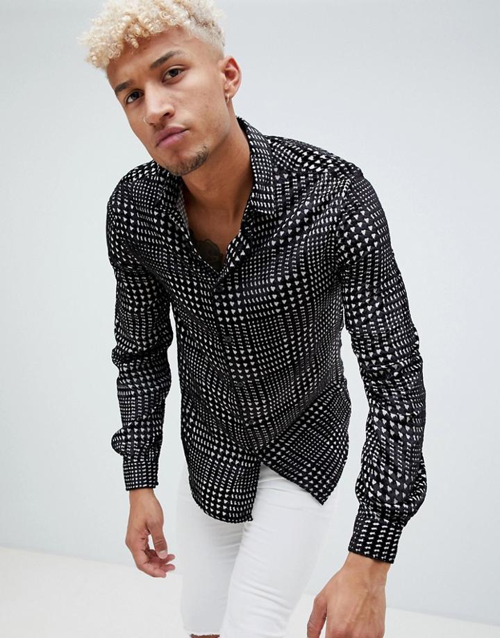 Asos Design Regular Fit Houndstooth Velvet Burnout Check Shirt - Black