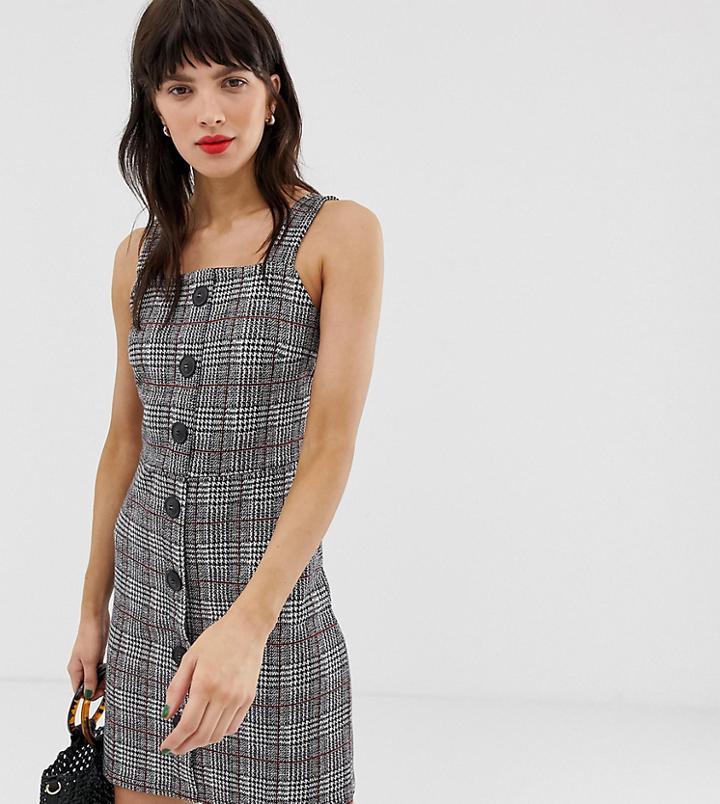 River Island Pinny Dress Wuth Button Front In Gray Check - Red