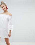 Prettylittlething Sleeve Detail Bardot Dress - White
