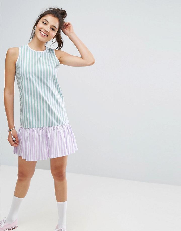 Asos Dropped Hem Sleeveless Mini Smock Dress In Cut About Stripe - Multi