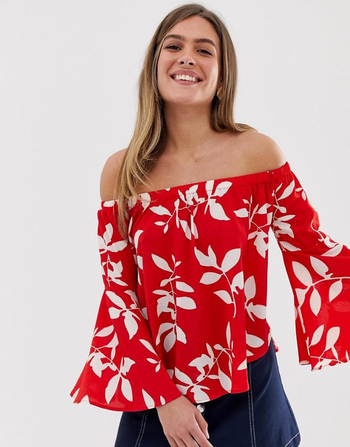 Qed London Fluted Sleeve Bardot Top In Red Floral - Multi