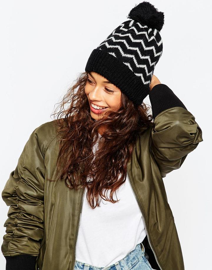 Asos Chevron Alpaca Mix Beanie With Pom - Mono