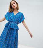 Lost Ink Wrap Front Midi Dress With Button Detail In Ditsy Floral - Blue
