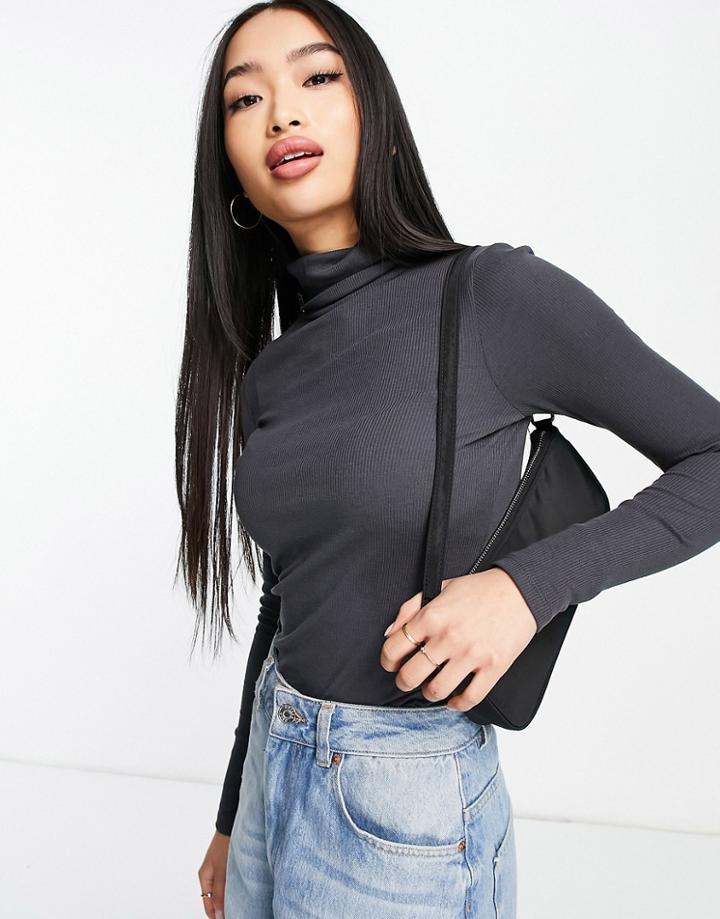 New Look Ribbed Roll Neck Top In Dark Gray