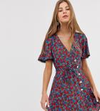 Miss Selfridge Mini Tea Dress With Button Detail In Multi-blue