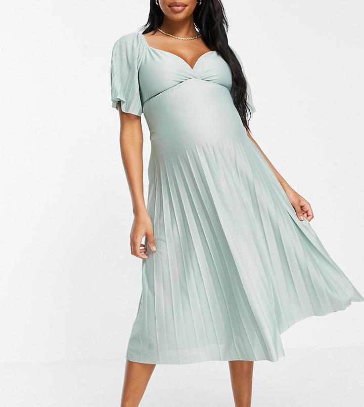 Asos Design Maternity Pleated Twist Back Cap Sleeve Midi Dress In Sage-green