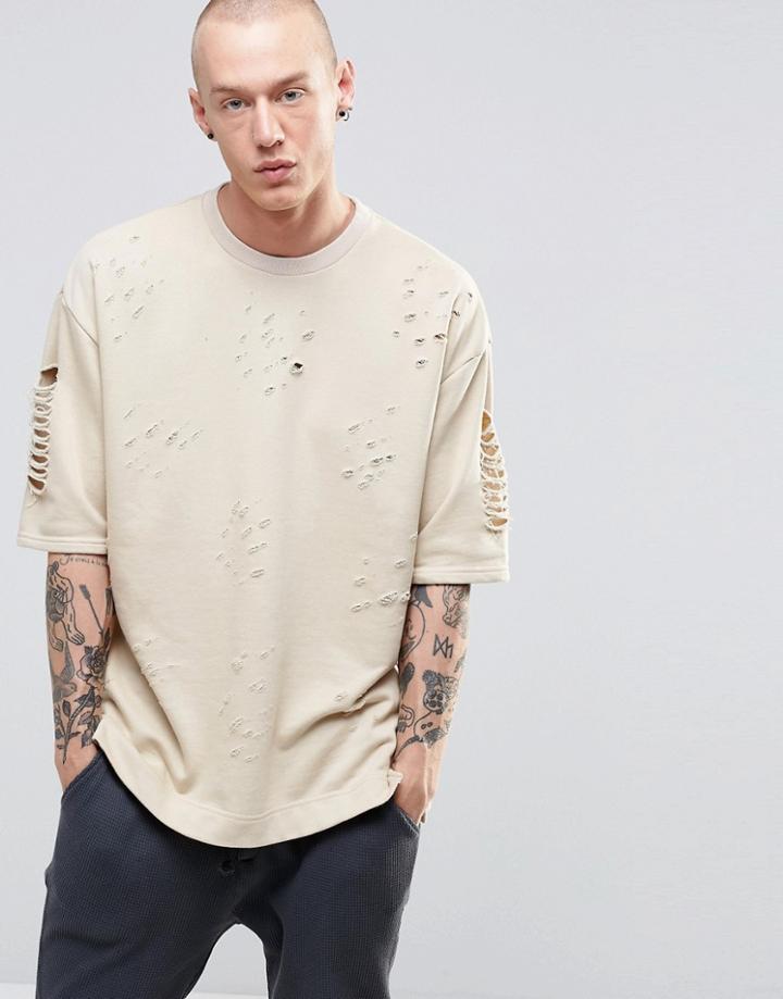 Sixth June Boxy Sweatshirt With Distressing - Stone