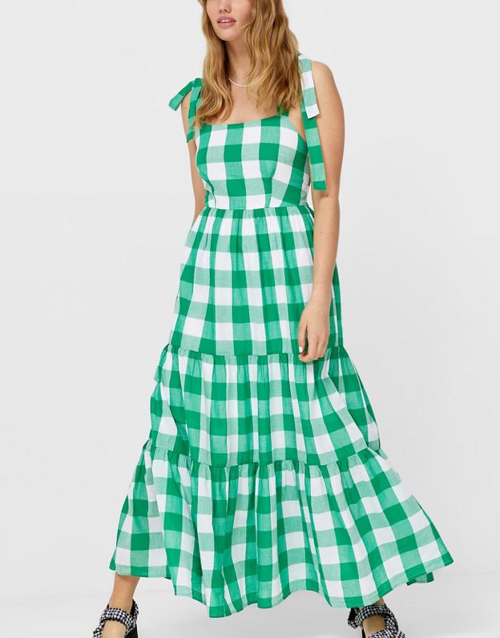 Stradivarius Bunny Strap Full Length Dress In Green Check