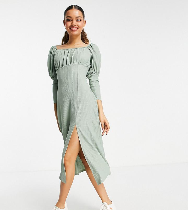 Miss Selfridge Petite Mutton Sleeve Midi Dress In Khaki-green