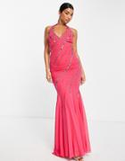Goddiva Embroidered Plunge Maxi Dress In Pink