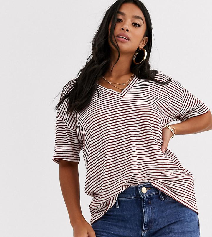 Asos Design Petite T-shirt With Short Sleeve In Textured Stripe With V Front