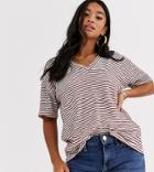 Asos Design Petite T-shirt With Short Sleeve In Textured Stripe With V Front