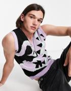 Asos Design Knit Tank With Geo And Text Pattern-black