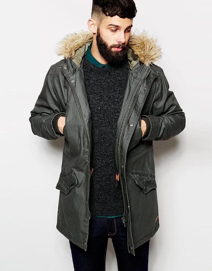 Only & Sons Coated Parka With Faux Fur Hood - Charcoal
