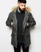 Only & Sons Coated Parka With Faux Fur Hood - Charcoal
