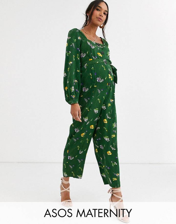 Asos Design Maternity Button Front Tie Waist Puff Sleeve Jumpsuit With Long Sleeves In Green Floral Print-multi