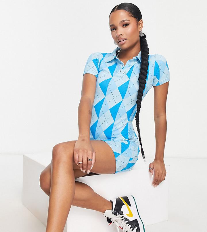 Urban Threads Petite Body-conscious Polo Dress In Blue Argyle Print