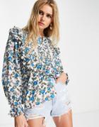 River Island Ditsy Floral Ruffle Blouse In Blue