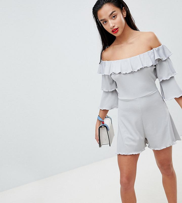 Lost Ink Petite Frill Front Romper With Tiered Sleeves - Blue