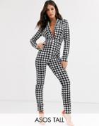 Asos Design Tall Plunge Tux Jumpsuit In Houndstooth Print-multi