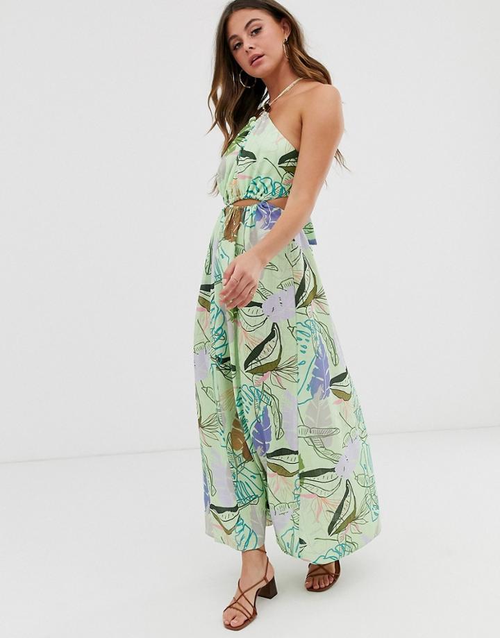 Asos Design Halter Neck Cut Out Maxi Dress With Trim Detail In Tropical Print - Multi