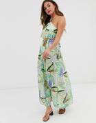 Asos Design Halter Neck Cut Out Maxi Dress With Trim Detail In Tropical Print - Multi