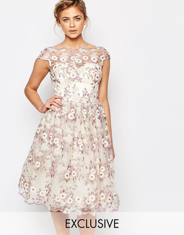 Chi Chi London Premium Floral Lace Midi Dress With Bardot Neck - White Multi