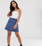 Asos Design Petite Denim Wrap Skirt With Side Buttons In Blue - Blue