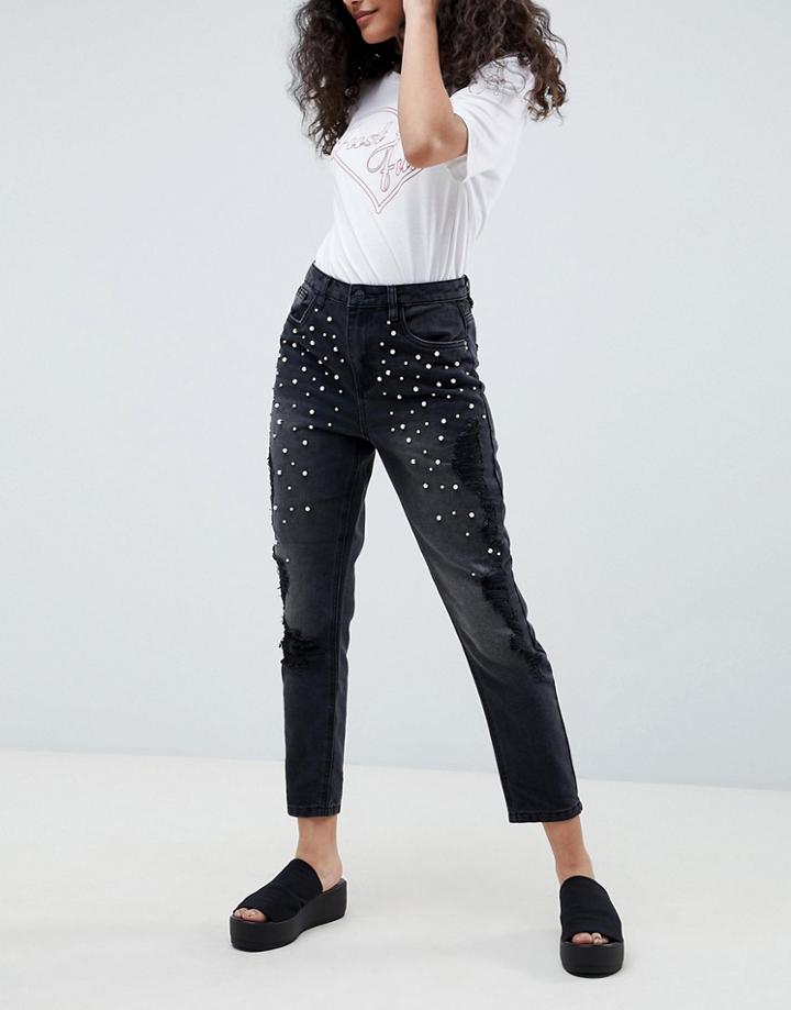 Only Pearl Embellished Mom Jeans - Black