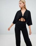 Prettylittlething Crepe Batwing Cut Out Jumpsuit - Black