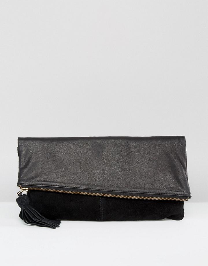 Asos Leather And Suede Slanted Foldover Clutch Bag - Black