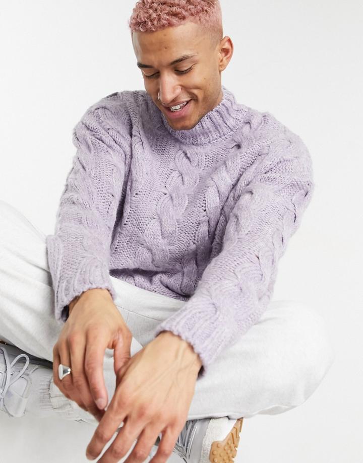 Asos Design Textured Cable Knit Roll Neck Sweater In Lilac-purple