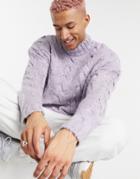 Asos Design Textured Cable Knit Roll Neck Sweater In Lilac-purple