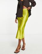 Topshop Satin Bias Midi Skirt In Chartreuse-green