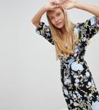 Monki Dark Floral Long Sleeve Wrap Dress - Multi