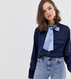 Sister Jane Blouse With Pussybow And Heart Jewel Detail - Navy